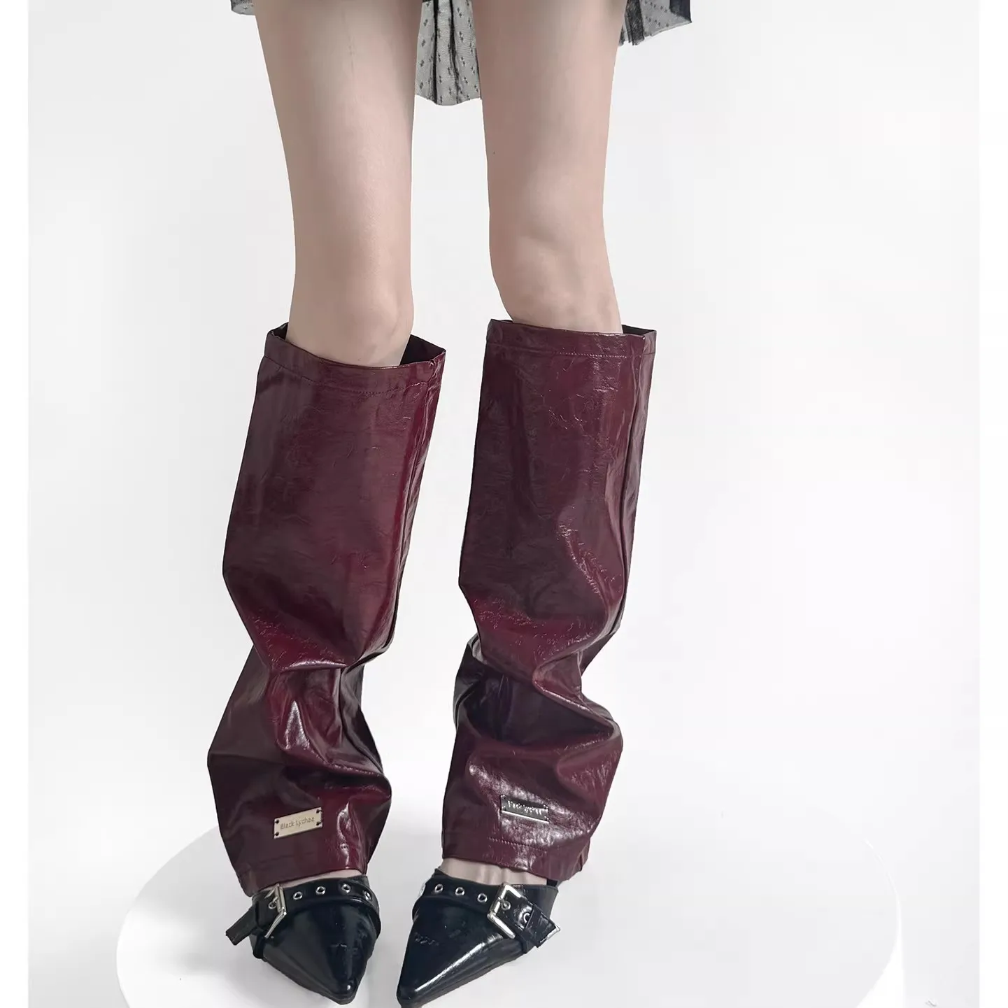 Women Faux Leather Zipper Flare Leg Warmers, Slim Fit Y2K Ins Trendy Calf Socks with Metal Label, Unique Design  R2599 - view 6