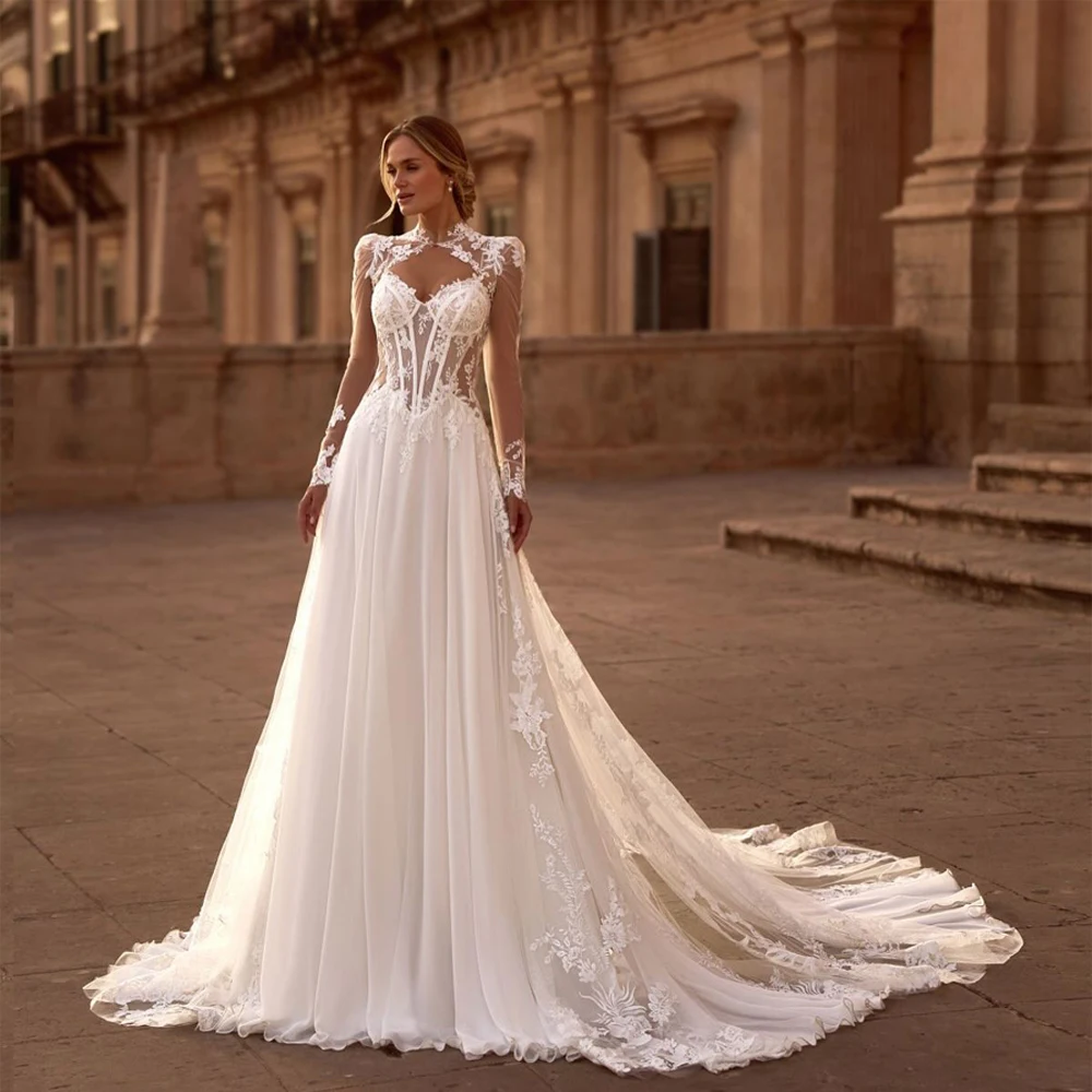 

Женское блестящее свадебное платье на тонких бретельках с длинным рукавом и кружевной аппликацией трапециевидной формы с открытой спиной в стиле бохо со шлейфом, настраиваемый