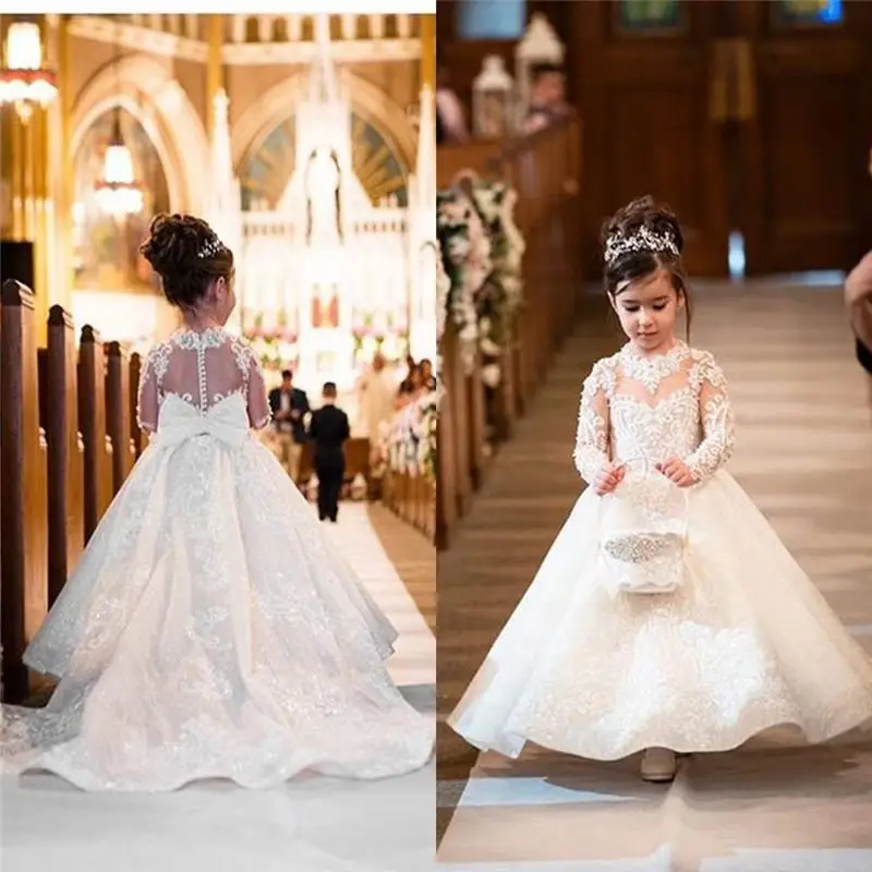 

Flower Girl Dresses With Sash Ball Gown Satin Lace Top Girl First Communion Dress Kids Clothes