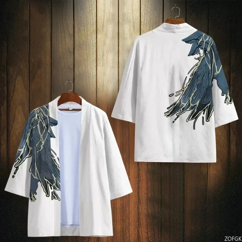 2023 Summer New Taoist Robe COS Angel Wings Cloak 3D Printed Half Sleeve Feather Kimono Surrounding