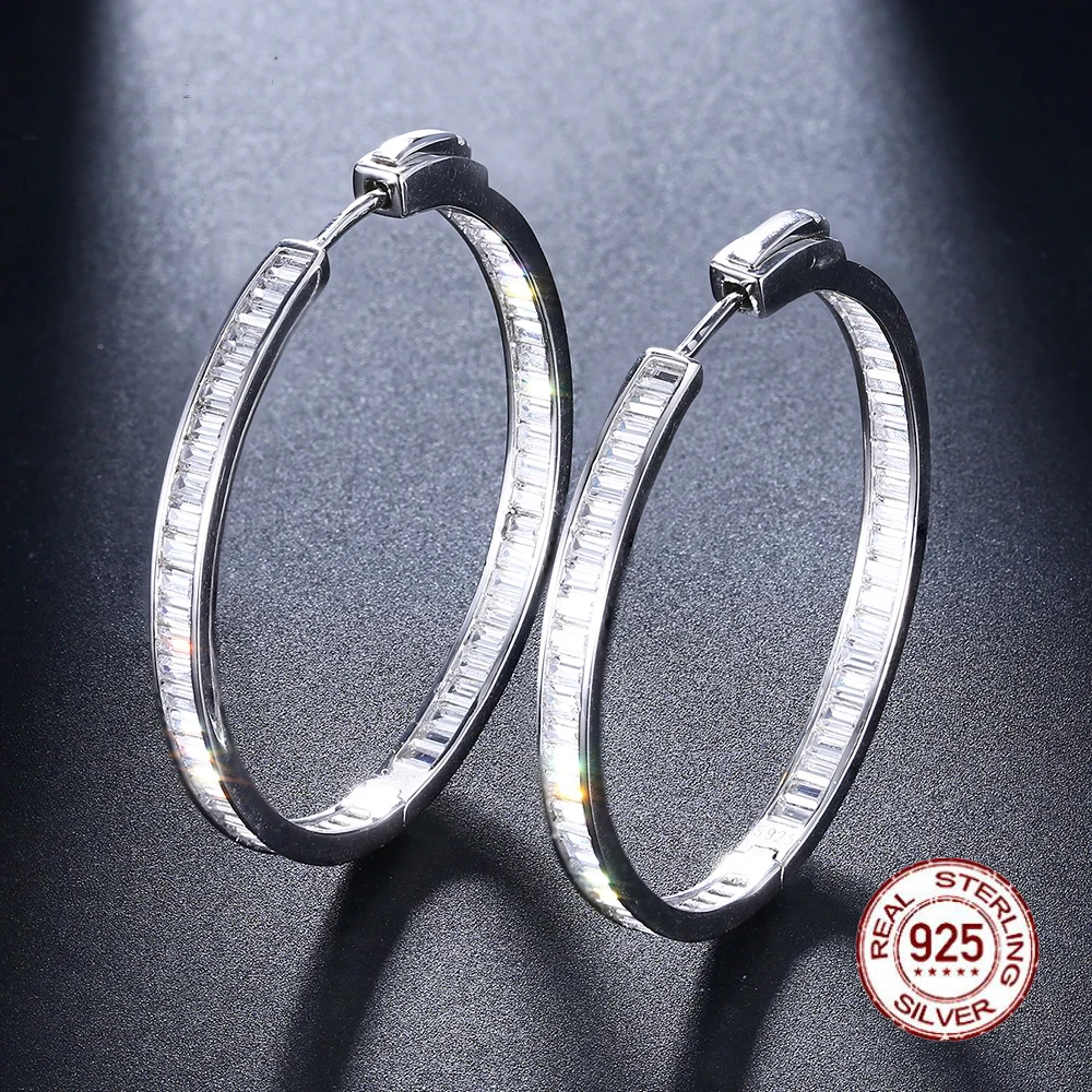 3.8cm diameter Silver hoop earrings 925 sterling silver Full T-square Cubic Zircon jewelry Circle earrings