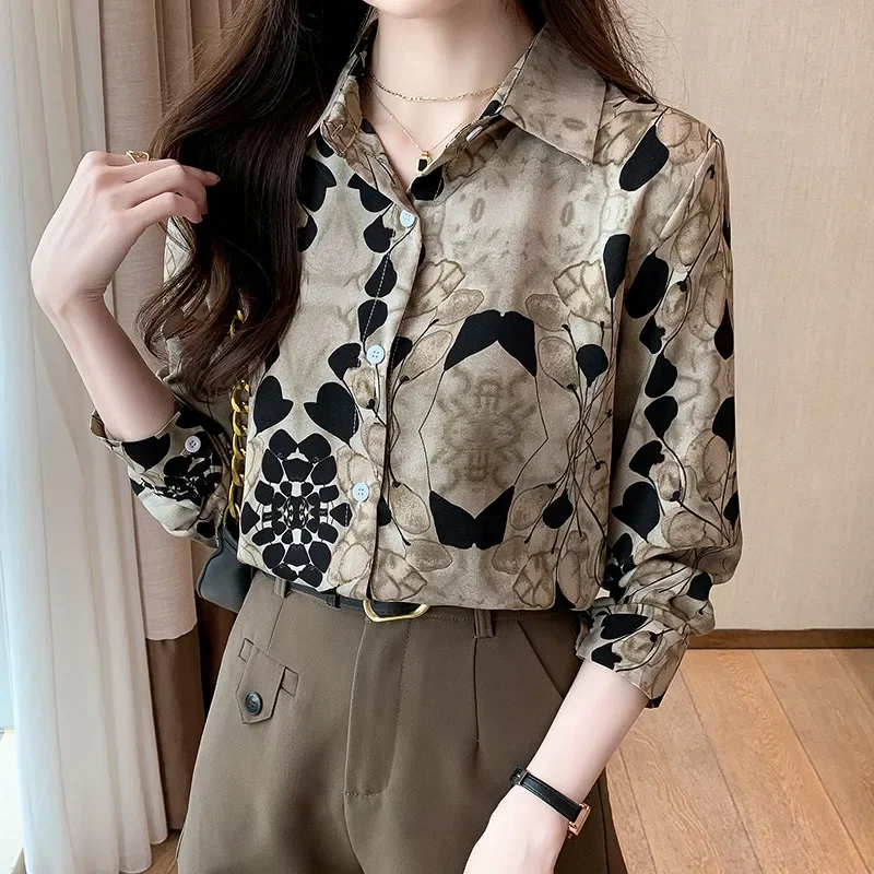 Lady Long Sleeve Brown Shirt Top Fashion Korean Style Office Casual for Women Blouse 2025