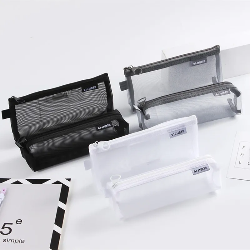 Singple Gray Black Makeup Case Large Capacity Mash Transparent Cosmetic Brush Bags Students Three-dimensional Nylon Pencil Case