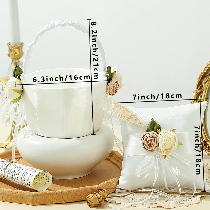 1PC Ivory Flower Girl Basket and Ring Bearer Pillow with Flower for Wedding Party Decoration Wedding Supplies