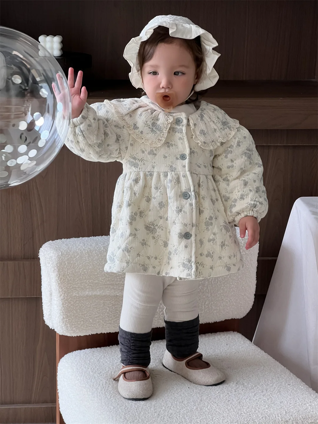 2024 Winter New Baby Long Sleeve Warm Coat Plus Velvet Thick Girls Floral Lapel Cardigan Toddler Padded Jacket Infant Clothes