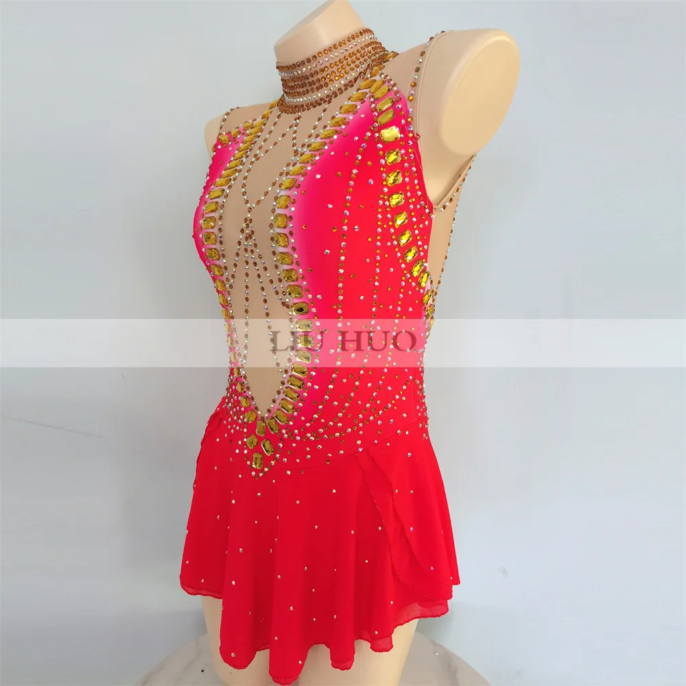 LIUHUO Women Aldult Girl Customize Costume Performance Competition Leotard Ice Figure Skating Dress Dance Teens Red Sleeveless