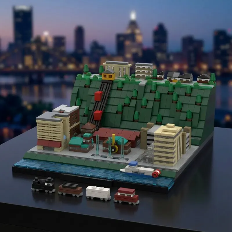 MOC American Town Architecture Street View Pittsburgh Skyline Model DIY Cable Car Urban Scene Building Blocks Assembly Toys Gift