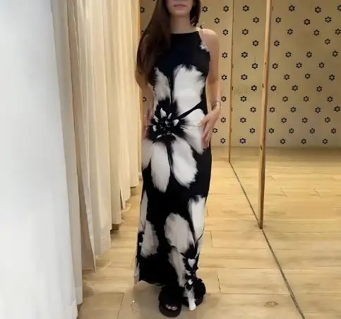 

Womens Dresses 2025 Spring Summer New Fashion Floral Print Sleeveless Shoulder Lace Up Backless Casual Slim Fit Daily Long Dress