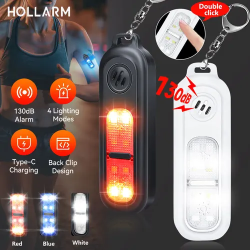 Llavero con alarma de seguridad Personal Hollarm de 130dB para mujer, protección recargable por USB, alarma de luz LED de emergencia para correr de noche