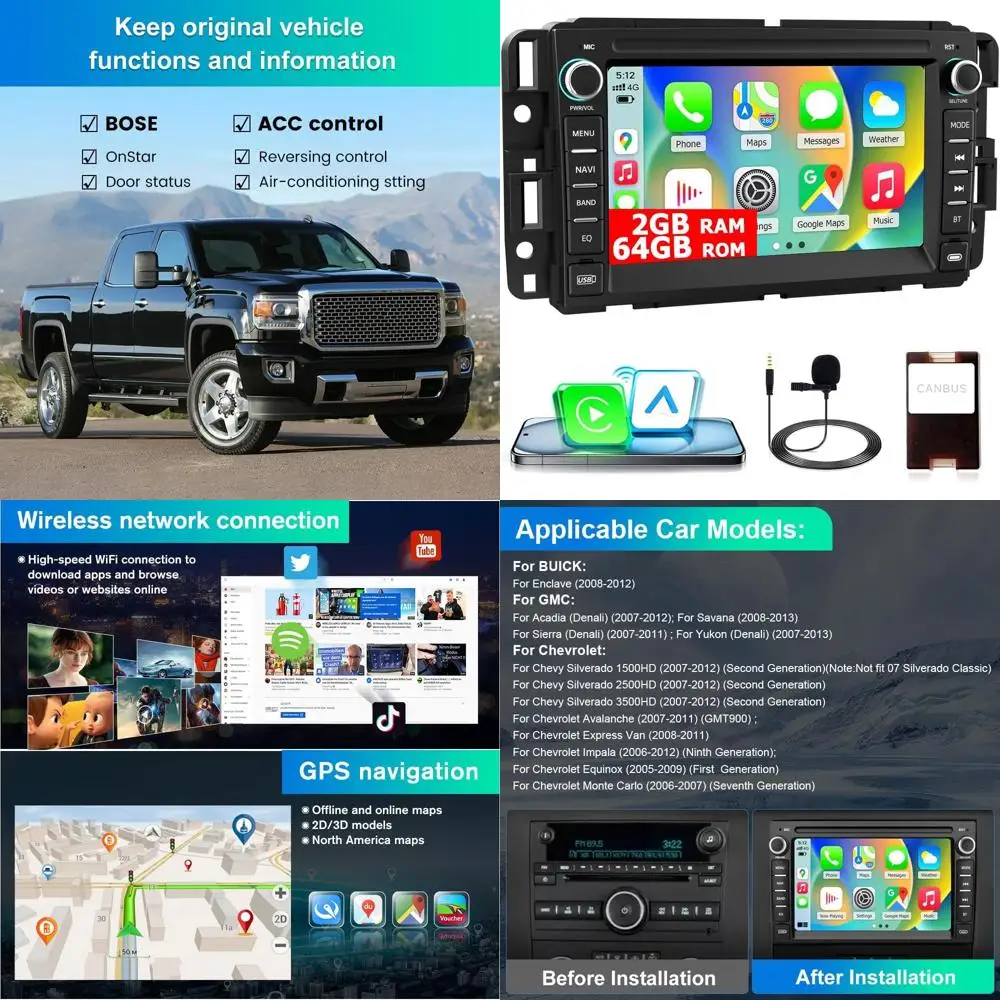 

Автомобильное радио для Chevrolet Chevy Silverado Tahoe GMC Sierra Yukon, Android 13 7-дюймовый стерео с сенсорным экраном и GPS WiFi SWC Wireless