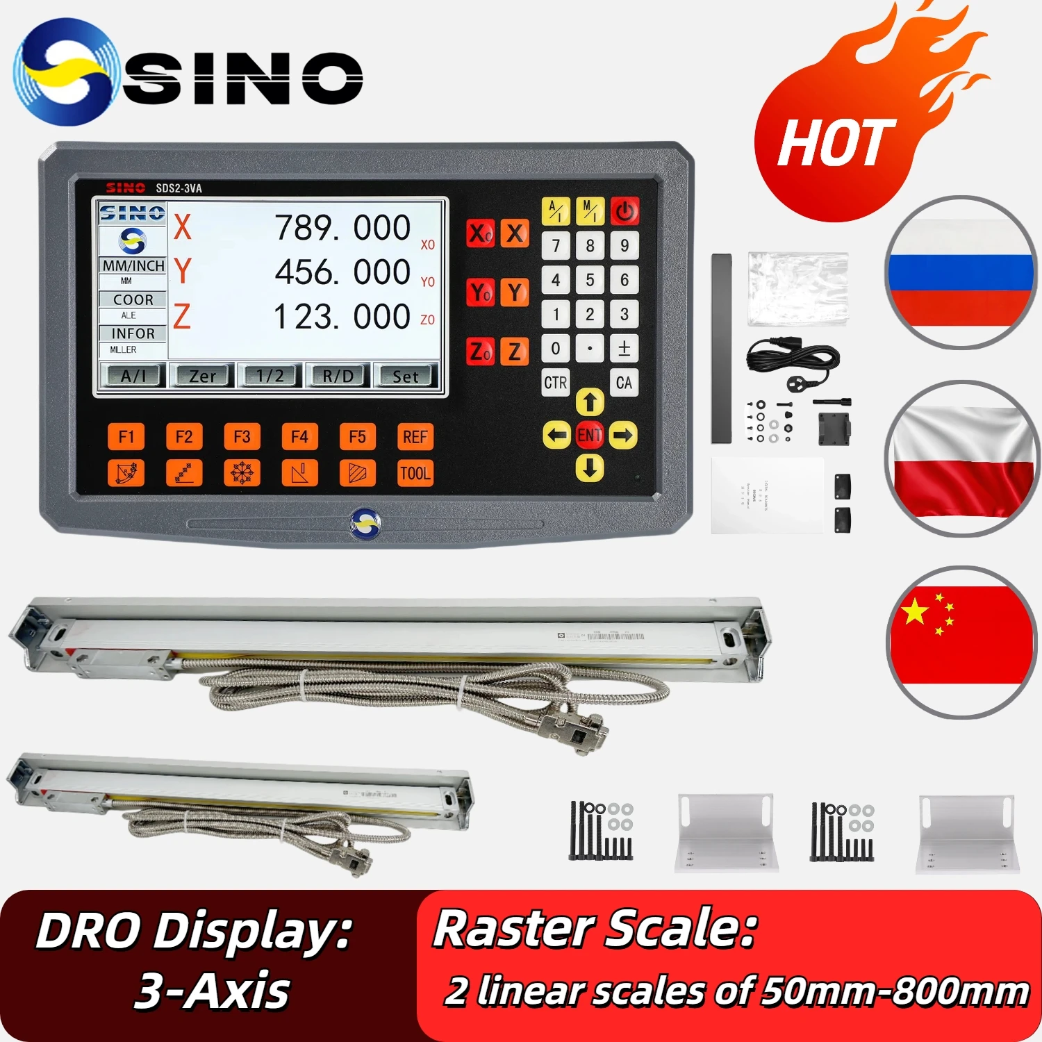 SINO 3 Axis LCD DRO Digital Readout Kit with 2pcs DRO Linear Scale Grating Glass Ruler for Milling Lathe Tool SDS2-3VA