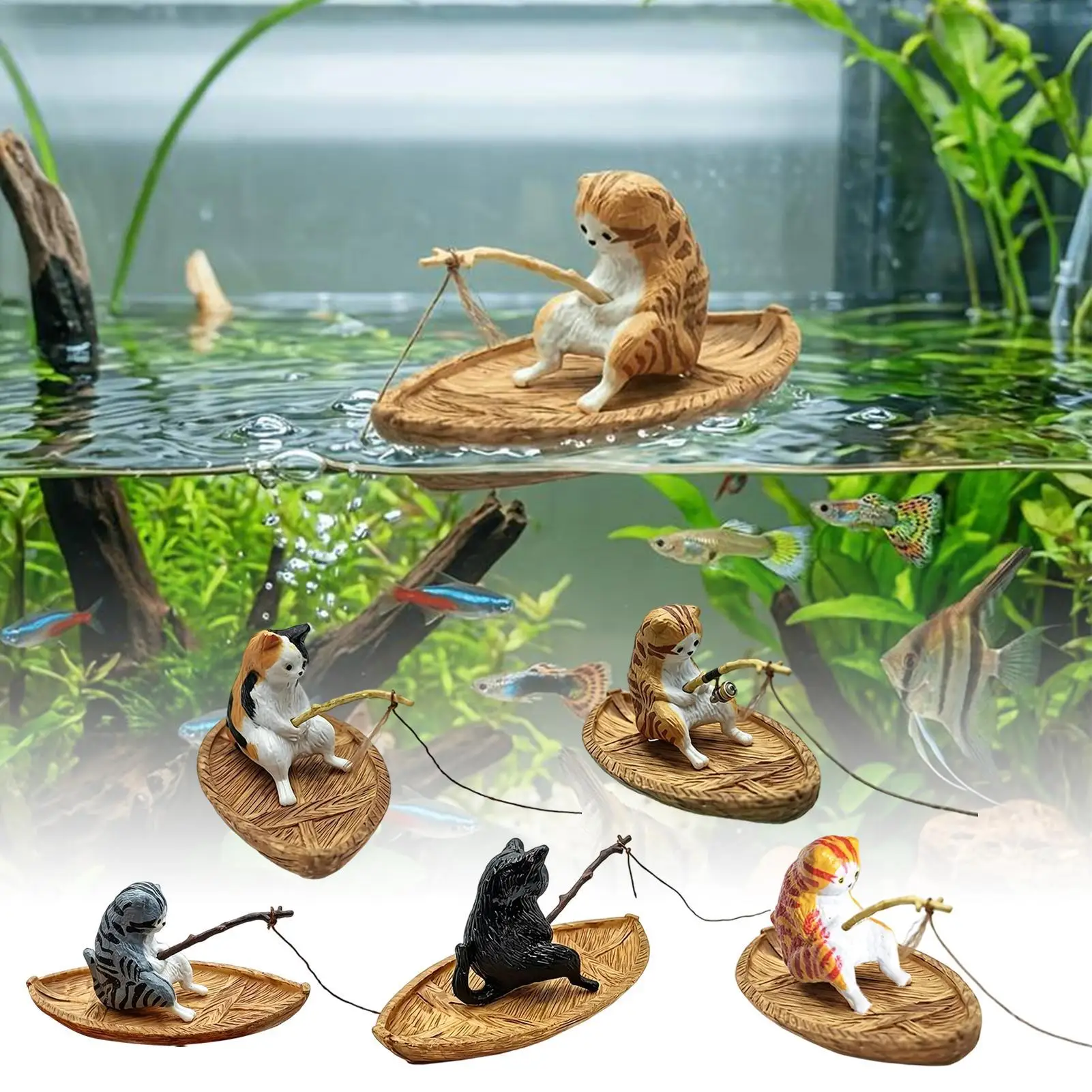 Kreatives Katzen-Angelboot Aquarium-Ornament Hochwertiges Harz Langlebige Fischbecken-Dekoration für Garten, Zuhause, Büro, Landschaftsgestaltung und Außendekoration
