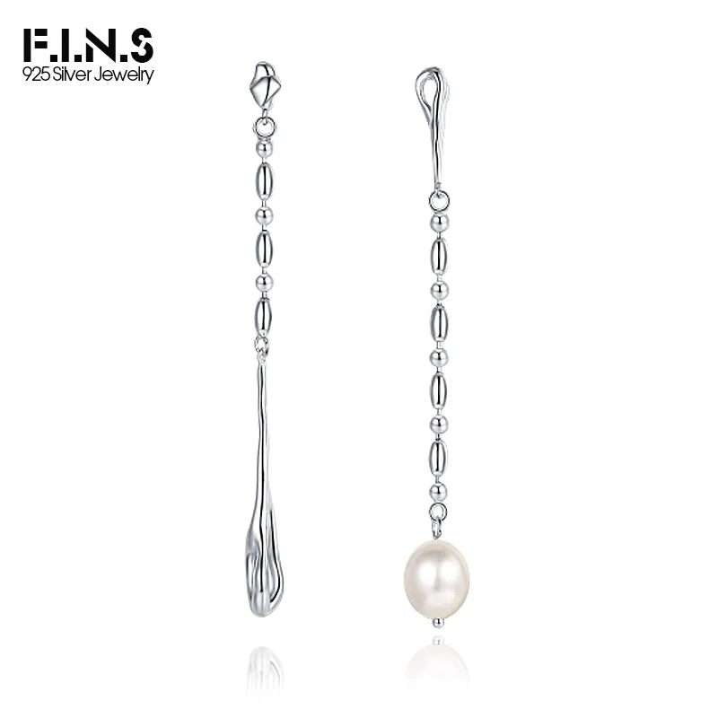 F.I.N.S Original 925 Sterling Silver Freshwater Pearl Earrings Long Bead Chain Tassel Asymmetric Pierced Earline Fashion Jewelry