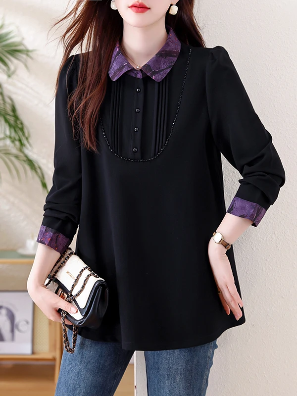 

Женская футболка большого размера Faionable в стиле пэчворк для похудения, скрывающая универсальная верхняя часть из ткани Quali Long Sve Crew...