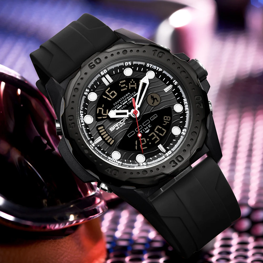 Zegarek męski SANDA LED Luxury, podświetlany, z datownikiem, podwójnym czasem, wyświetlaczem cyfrowym, alarmem, elektroniczny, kwarcowy, zegarki męskie Reloj