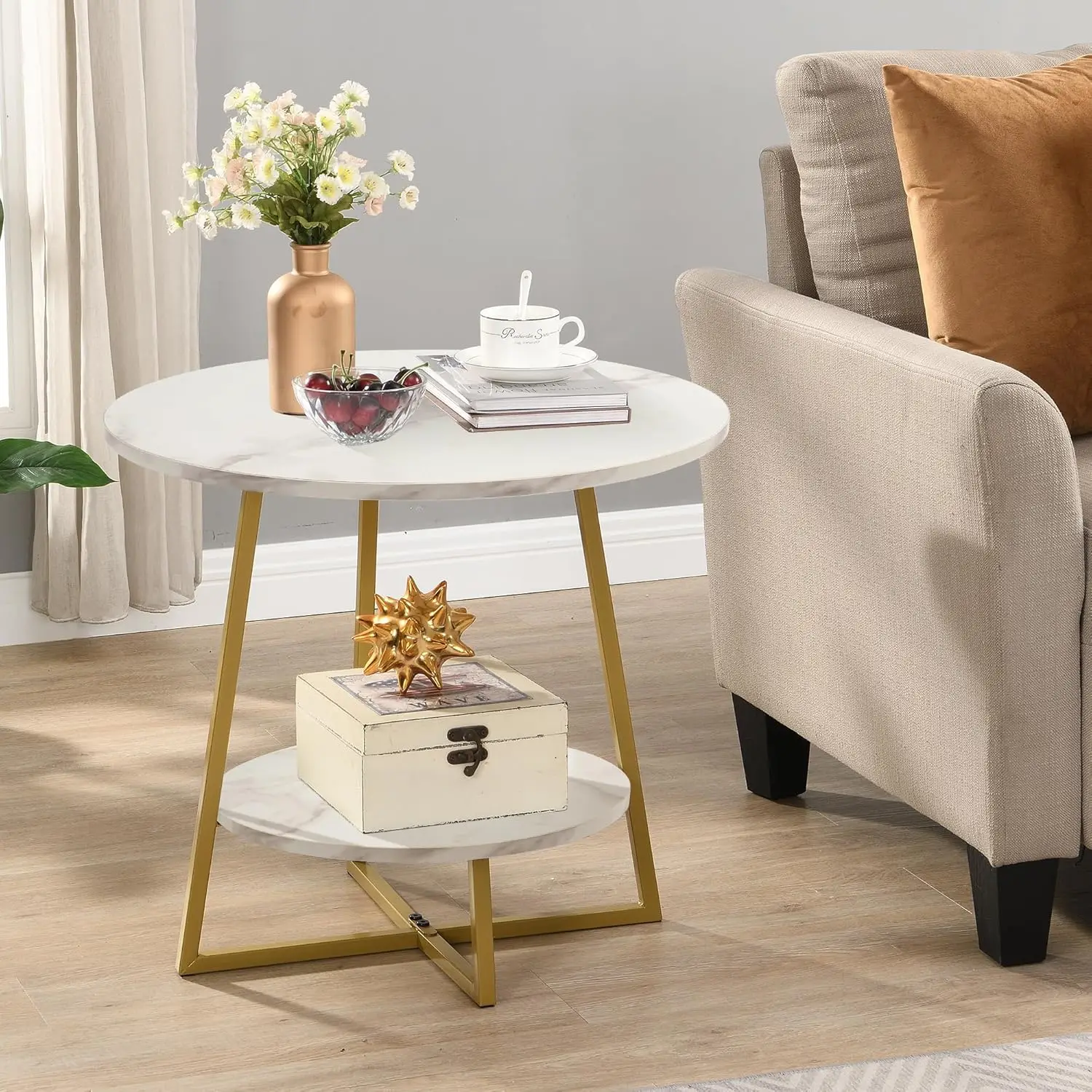 

20' Living Room Side Table for Small Spaces, 2 Tier Wood Top Round End Tables with Storage Shelf, Accent Sofa Table for