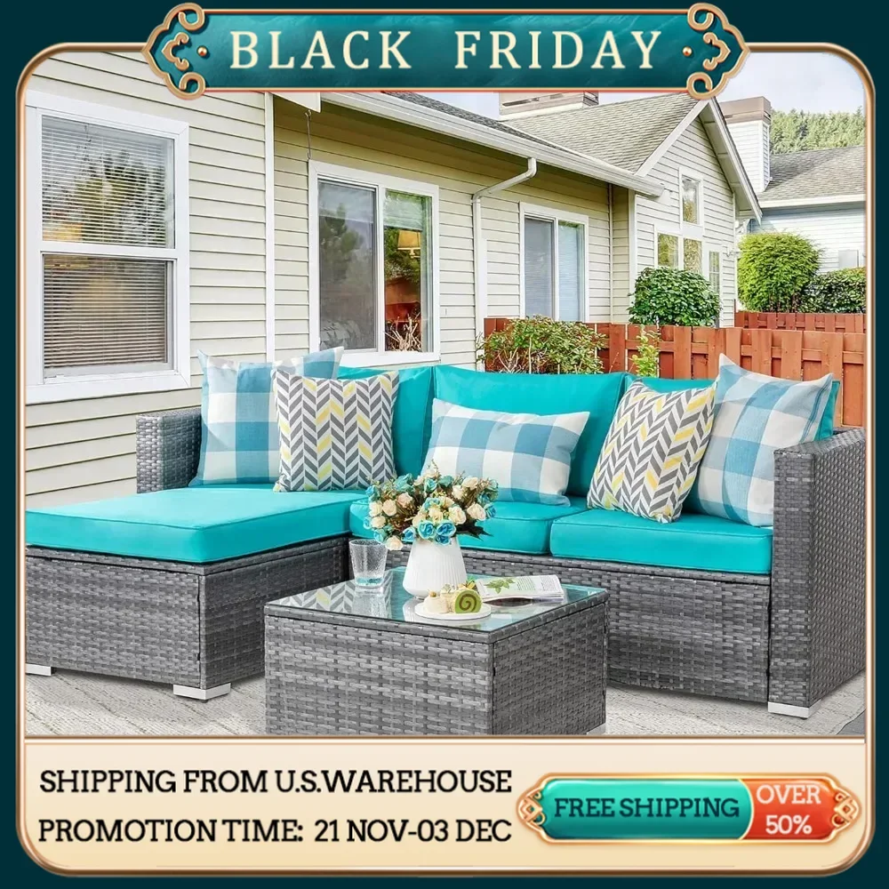 Outdoor Sofa 3-piece Set of Rattan Wicker Sectional Patio Furniture Small Patio Sofa With Washable Cushions and Glass Table