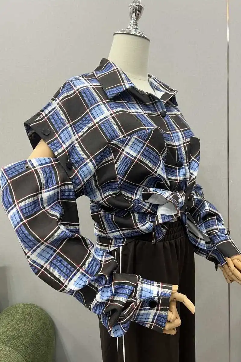 

Women's Spring 2026 American Style Plaid Shirt Detachable Long & Short Sleeves Big Pocket Retro Fashion Top