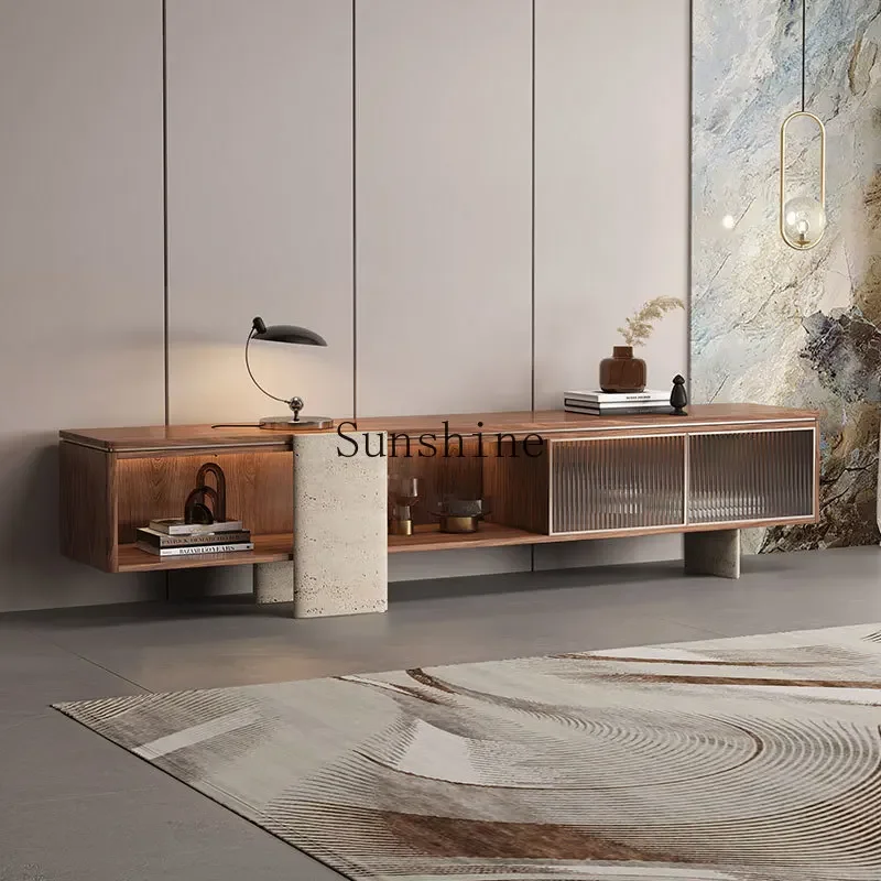 

Italian minimalist walnut TV cabinet high marble floor cabinet