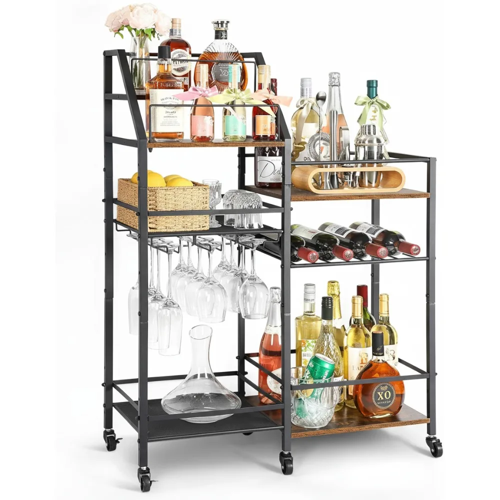 

Rolling Bar Cart with Wine Glass Holder, 5-Tier Mini Bar Cabinet for Home Kitchen Dining Room Whiskey Liquor Storage