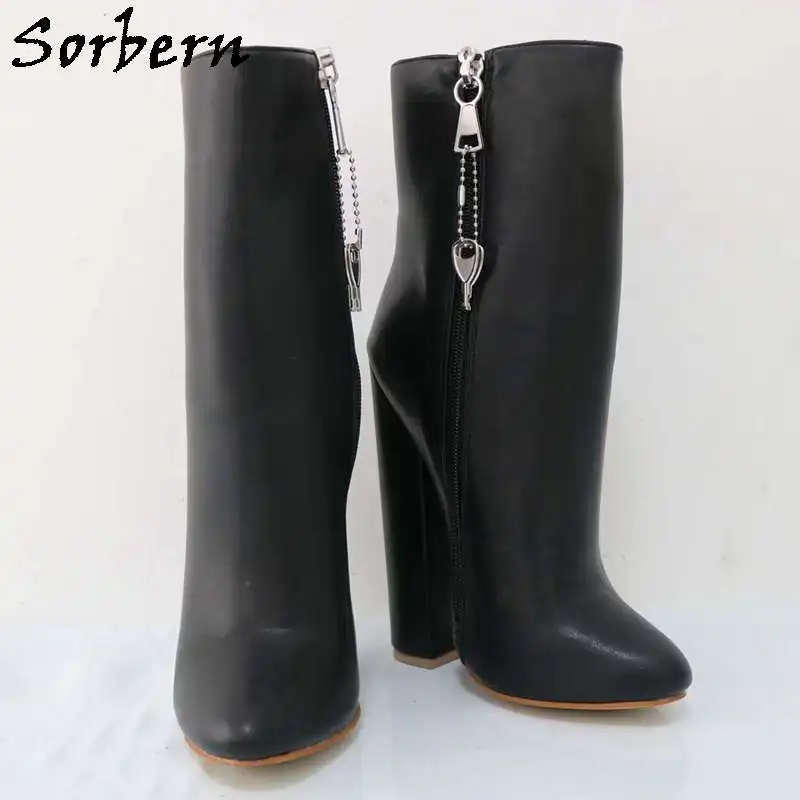 Sorbern Black Matte Ankle Boots For Women Block High Heel Lockable Zippers Short Booties Chunky High Heel Shoes Custom