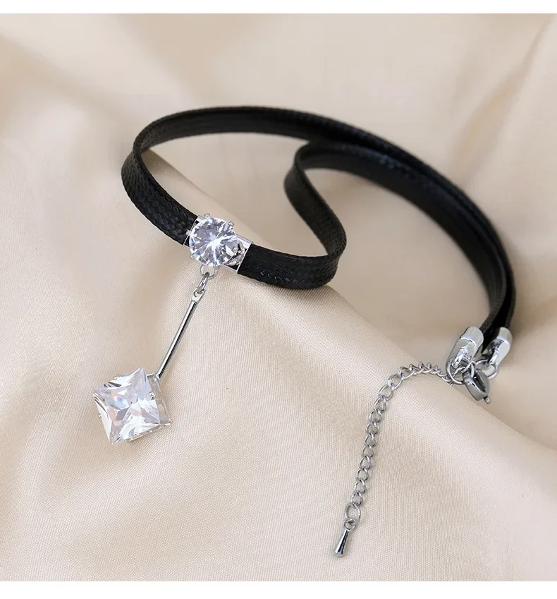 Colar curto vintage quadrado de zircão, colar, corrente de clavícula, cinto romântico