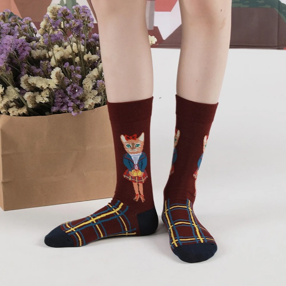 New Women Cotton Korean Designer Cute Forest Animal Cat Socks Female AB Mid-Calf Squirrel Rabbit Personality Funny Novelty Socks