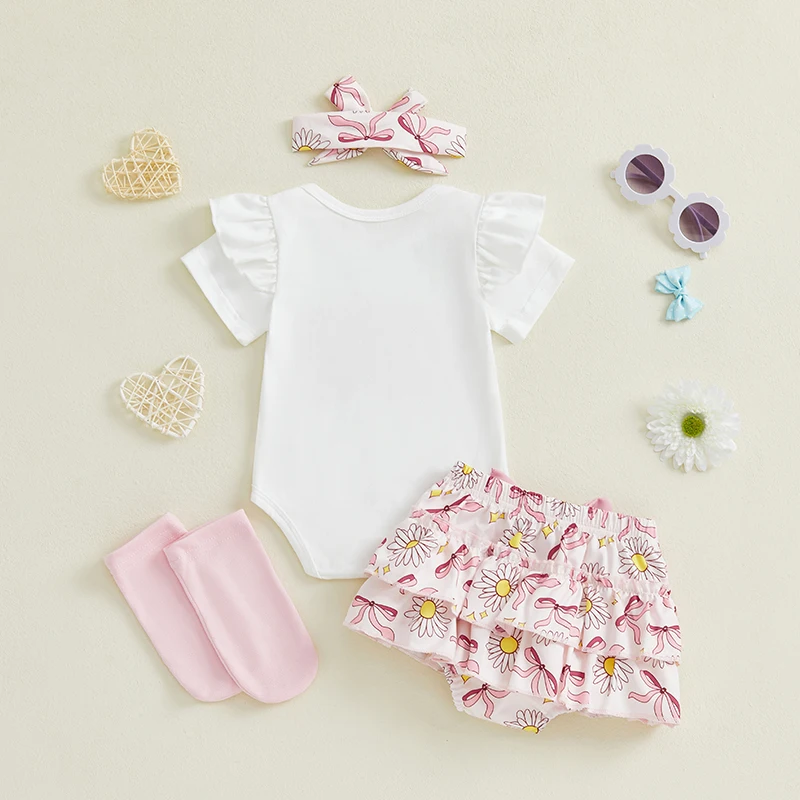 طقم شورت للفتيات حديثي الولادة بأكمام قصيرة مطبوع عليه حروف رومبير شورت مزين بالزهور مع جوارب هيرباند ملابس صيفية