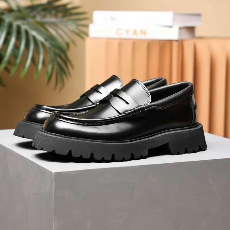 

Round Toe Platform Black Loafers Shoes Genuine Leather Outdoor Casual Shoes