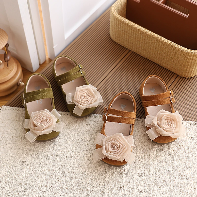 Autumn Girl's Princess Shoes Flower Double Strap Sweet Kid's Flat Shoe Solid Colors Anti-slip Charming Trendy Children Shoes