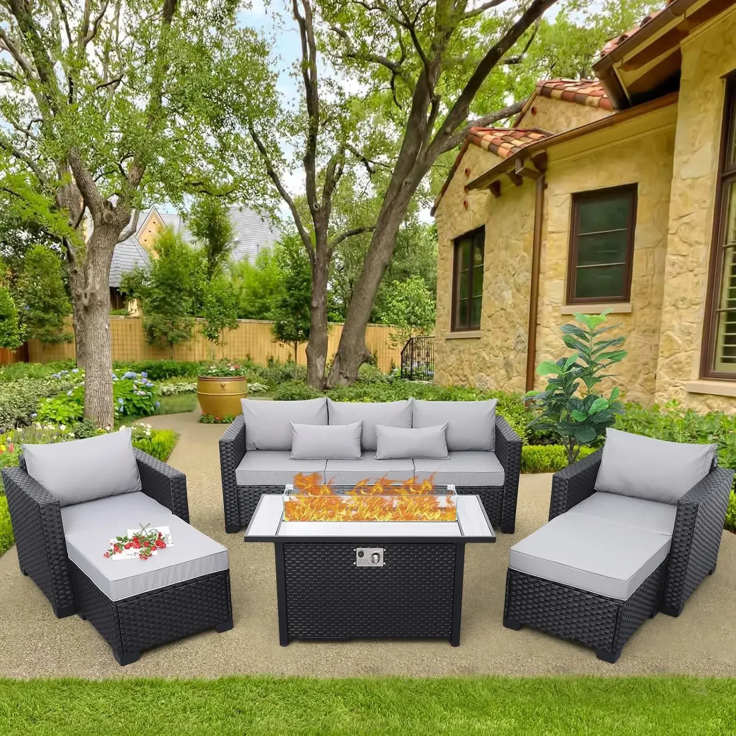 Patio Furniture Set 45 Inches Fire Pits 6 Pieces Outdoor Patio Furniture 60000 BTU Outdoor Table Patio Sofa  Chairs , Light Grey