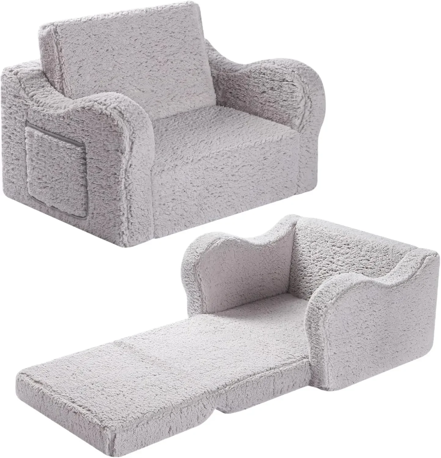 Kids Chairs for Toddler, 2-in-1 Toddler Soft Sherpa Couch Fold Out, Convertible Sofa to Lounger for Girls and Boys, Grey