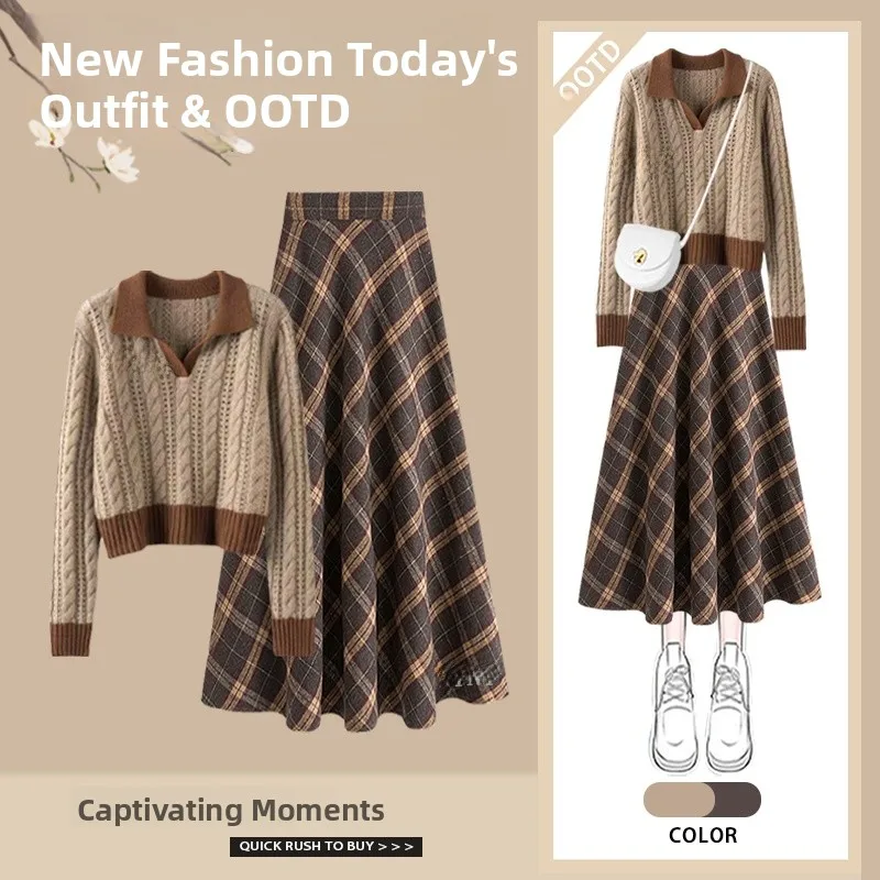 

Autumn Winter Women's High-End Hollow out Knitted Sweater And Plaid Skirt Set Vintage Sle Long Sve V-Ne Casual Wear