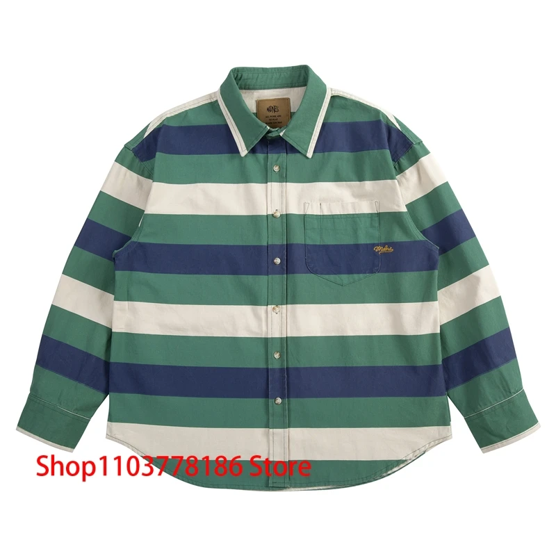 Madness Striped Long Sleeve Shirt Japan Style High Street Trend Top Clothes Men Women Classic Small Logo Neckline Tag MDNS Coat