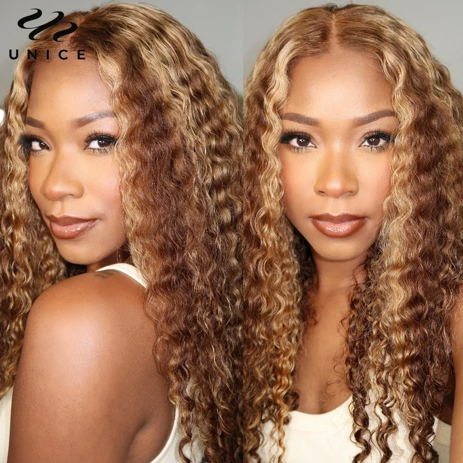 

Unice Hair Highlight Jerry Curly Human Hair 6x4.5 Pre Cut Lace Wig TL412 Brown Blonde Piano Put On And Go Glueless Wig for Women