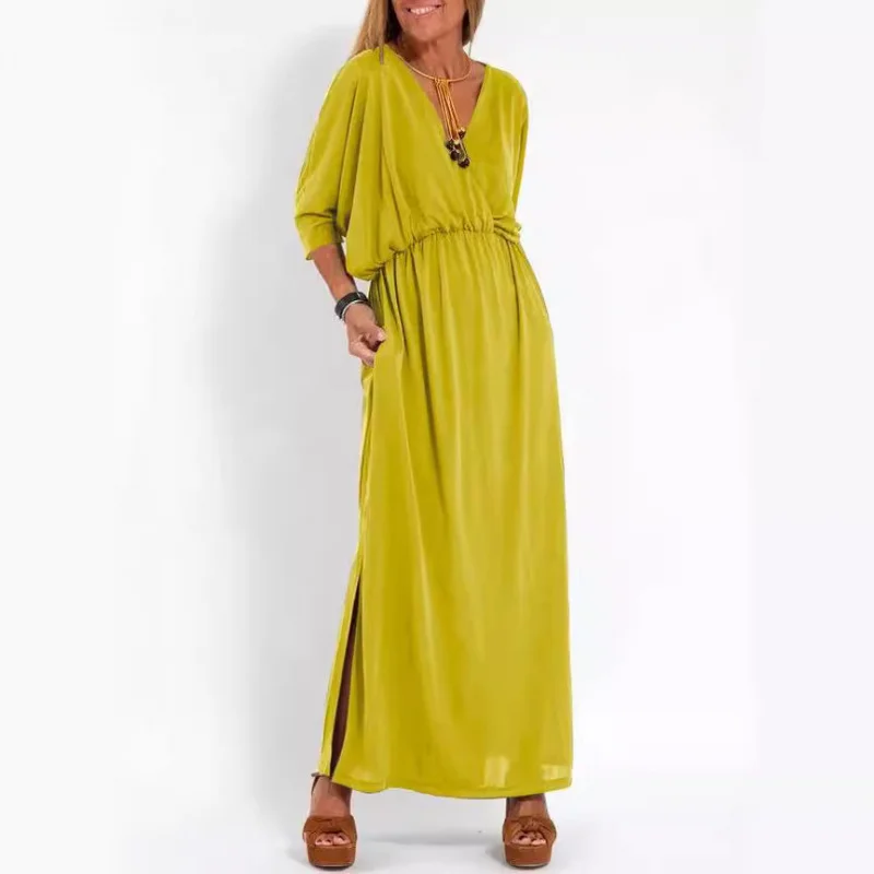 فستان صيفي أوروبي وأمريكي لعام 2025 بلون سادة وفتحة عالية الخصر