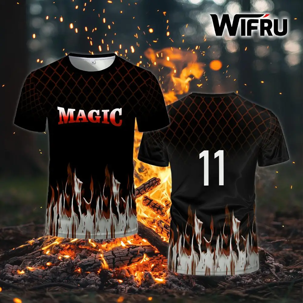 

Fashion Personality Flame Print Jersey Black Grid Pattern Sports Quick-drying T-shirt Trendy Street Hip-hop Men's Casual Tops