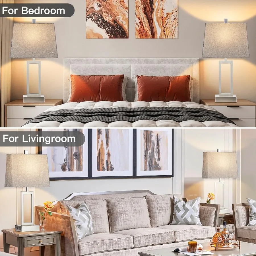 터치 컨트롤 테이블 램프 2개 세트 모던 실버 침대 옆 램프 USB A+C 포트 및 AC 콘센트 포함 3단계 조광 현대식 나이트 램프