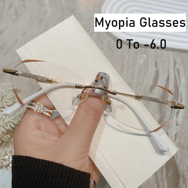 

Finished Prescription Nearsighted Glasses Blue Light Blocking Women Men Diamond Cutting Minus Eyeglasses Rimless Myopia Glasses