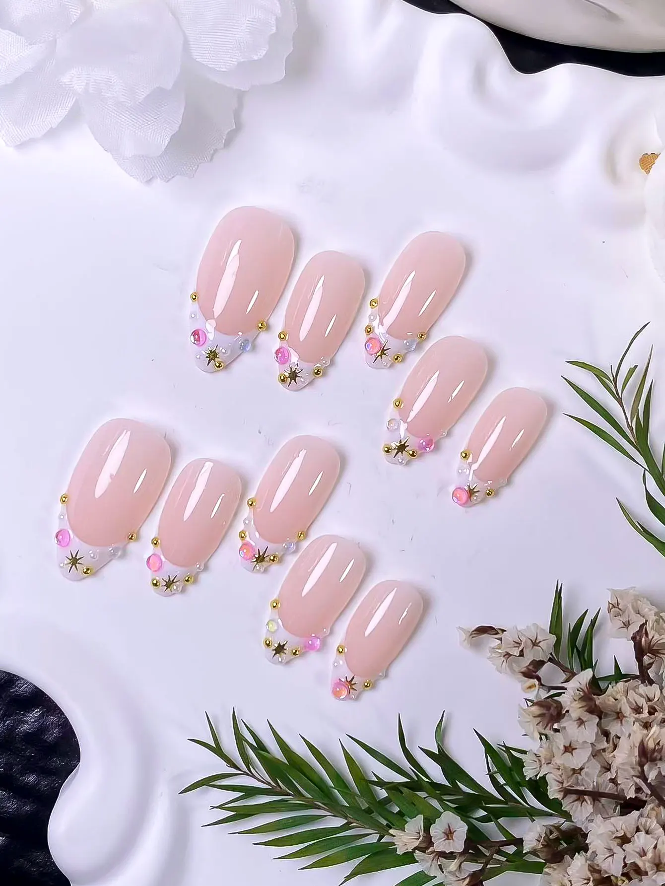 10 pcs White French with Starburst Multicolor Rhinestones Press-On Nails, elegant, romantic and minimalist, premium sexy luxury view 4