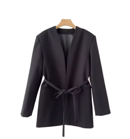 

Black V-Neck Long Sleeves Women Jacket with Belt Fashion Formal Solid Coat Slim Chic Causal Daily Office Basic (Jacket+Pants)
