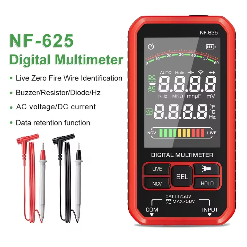 NF-625 Smart Digital Multimeter, 6000 Counts, Rechargeable Multitester with Large LCD Display, AC/DC Voltage Tester, Resistance