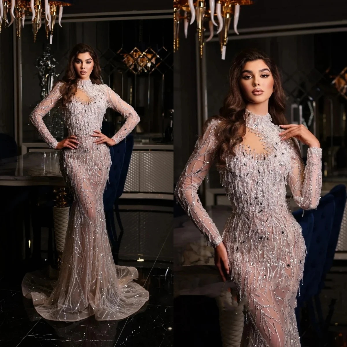 

Модное свадебное платье русалки с высоким воротом и кристаллами, сексуальное свадебное платье с длинными рукавами и бисером, длиной до пола, платья невесты по индивидуальному заказу