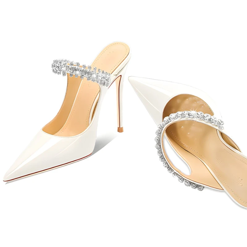 New Summer Water Diamond Sandals for Women with a Pointed High Heel and a Thin Heel Headband, Sexy Half Dragged Flat Slippers