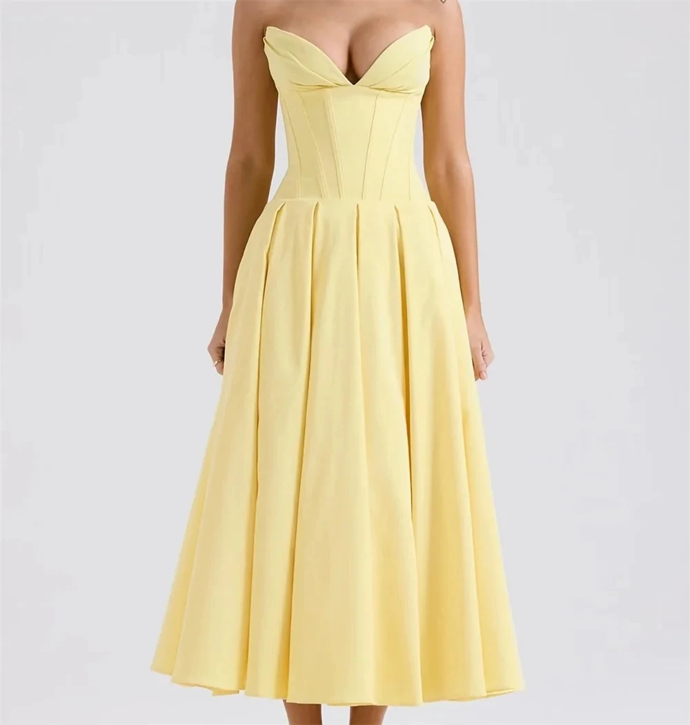 

Простое желтое вечернее платье без бретелек с драпировкой без рукавов, атласное платье трапециевидной формы длиной до щиколотки, вечерние платья для выпускного вечера Robe De Soiree