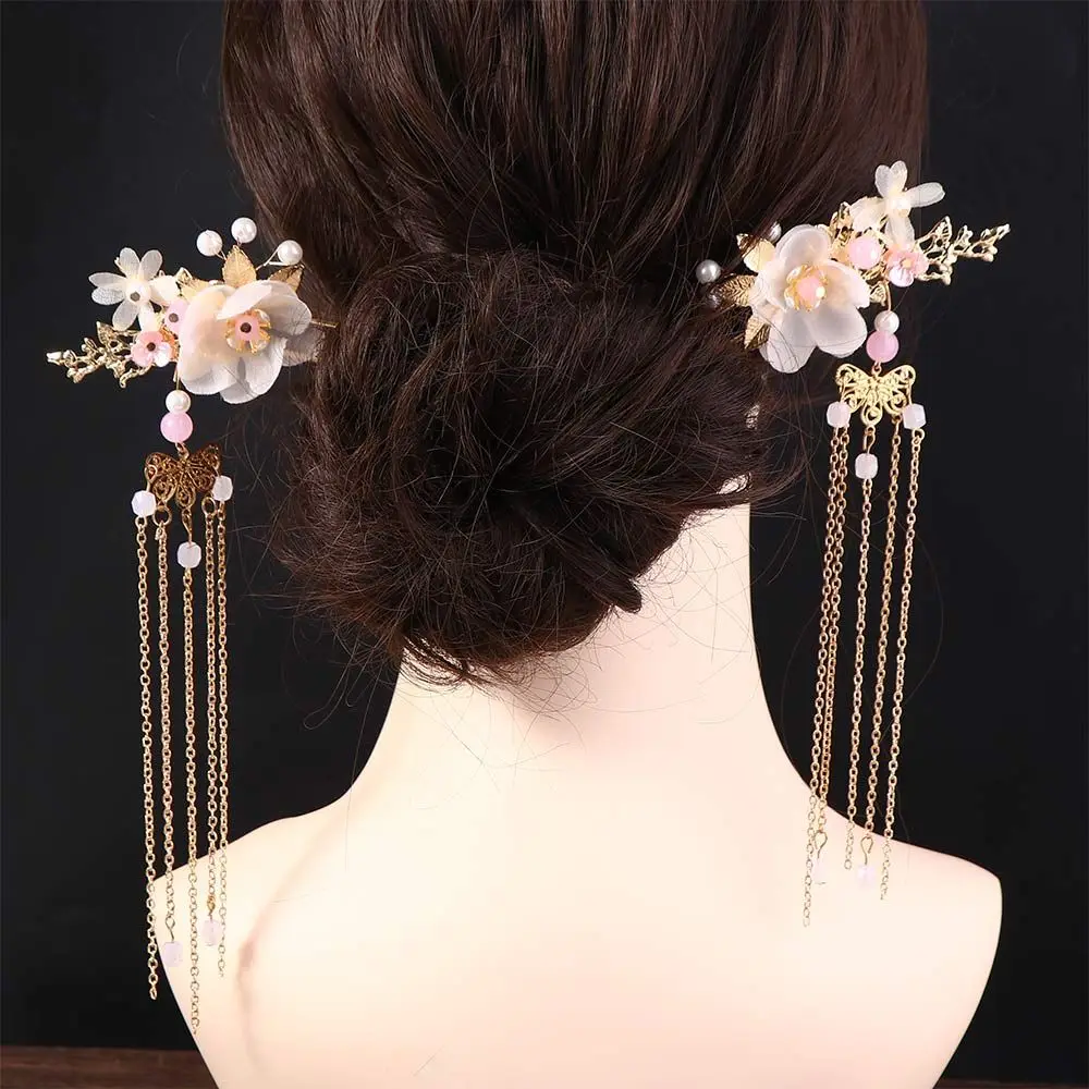 Bijoux de cheveux épingles à cheveux mode gland chinois longues boucles d'oreilles à fleurs Hanfu bâton de cheveux chapeaux ensembles peigne à cheveux