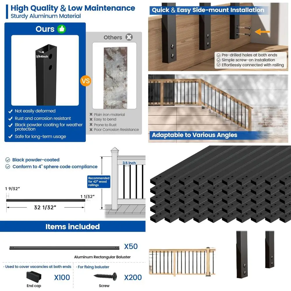 Balústres retangulares de alumínio de 32 polegadas, montagem frontal, com parafusos para trilhos e escadas compostos e madeira