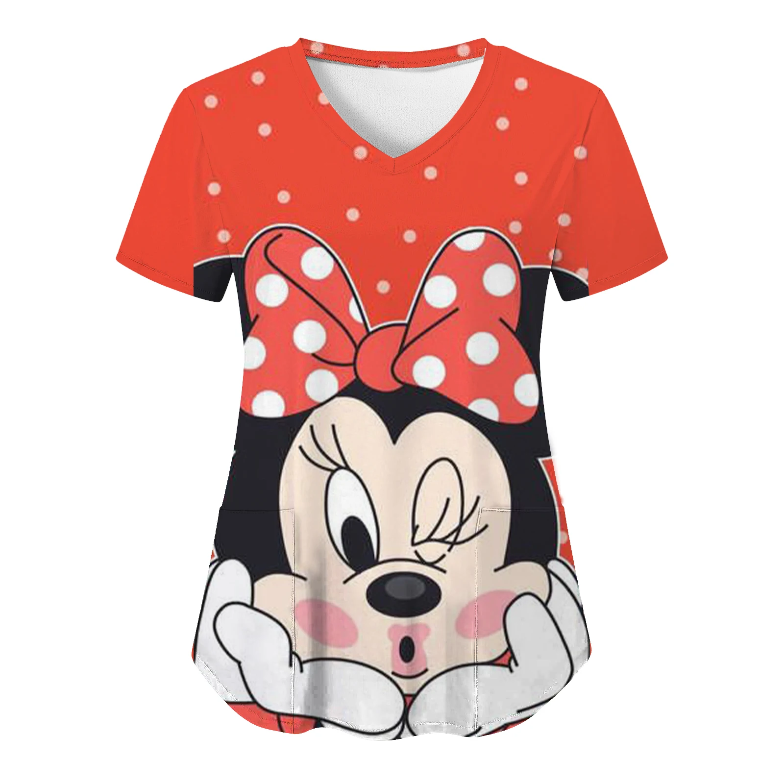 T-shirt V Neck Top Women 2024 Disney Shirts Minnie Mouse T-shirts Pocket Mickey Tops Hospital Woman Clothes Nurse Uniform Tees