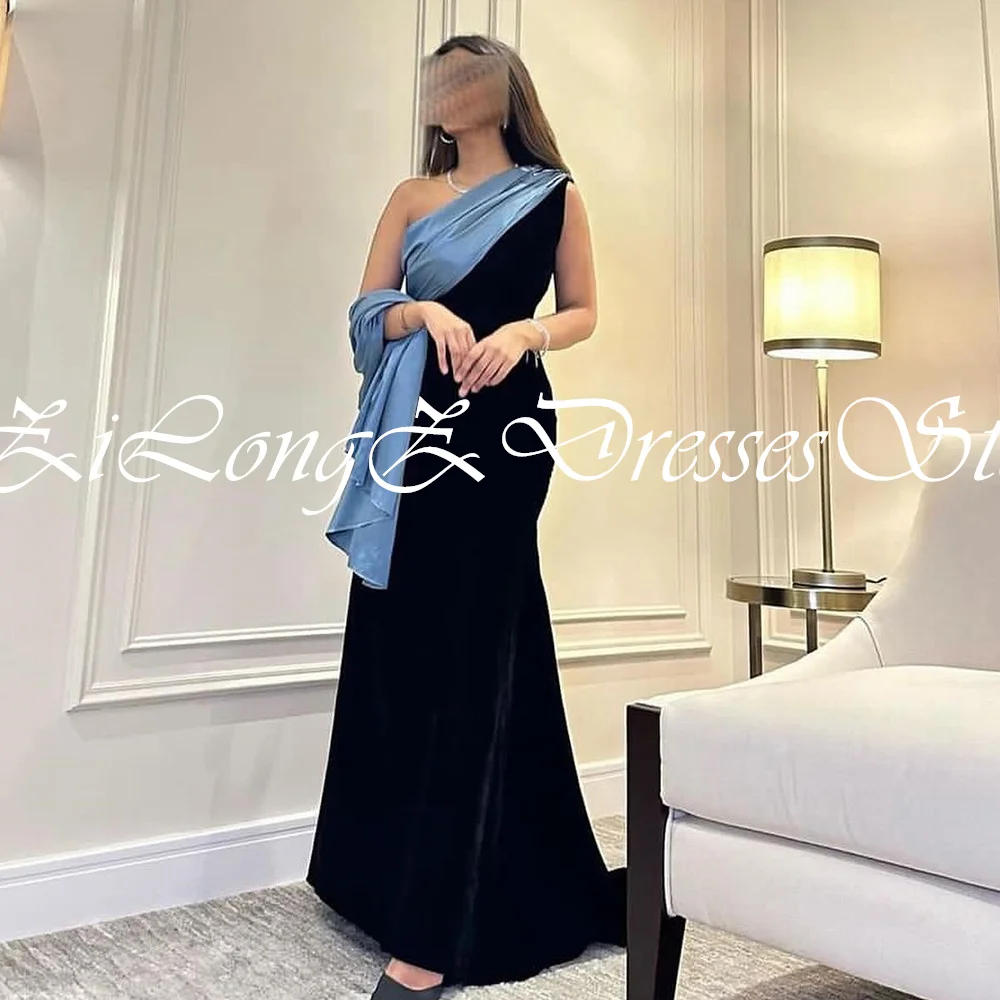 Elegant Party Evening Dresses Woman One Shoulder Contrast Color Sleeveless Velvet Ankle Length Sweep Train Floor Length  Prom