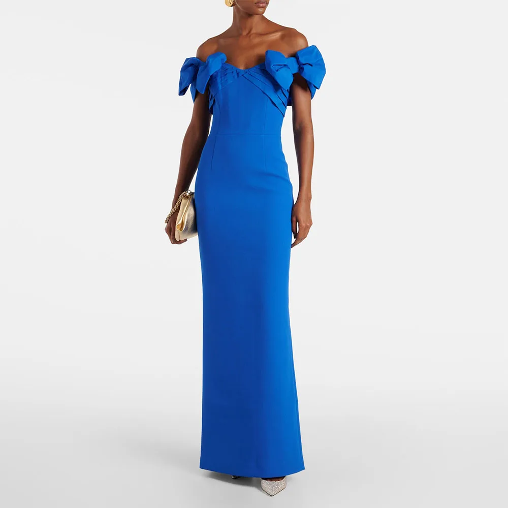

Light Blue Evening Dresses for Women Off the Shoulder Bow Column Evening Gowns 2025 Sleeveless Floor Length Sleeveless Prom Gown